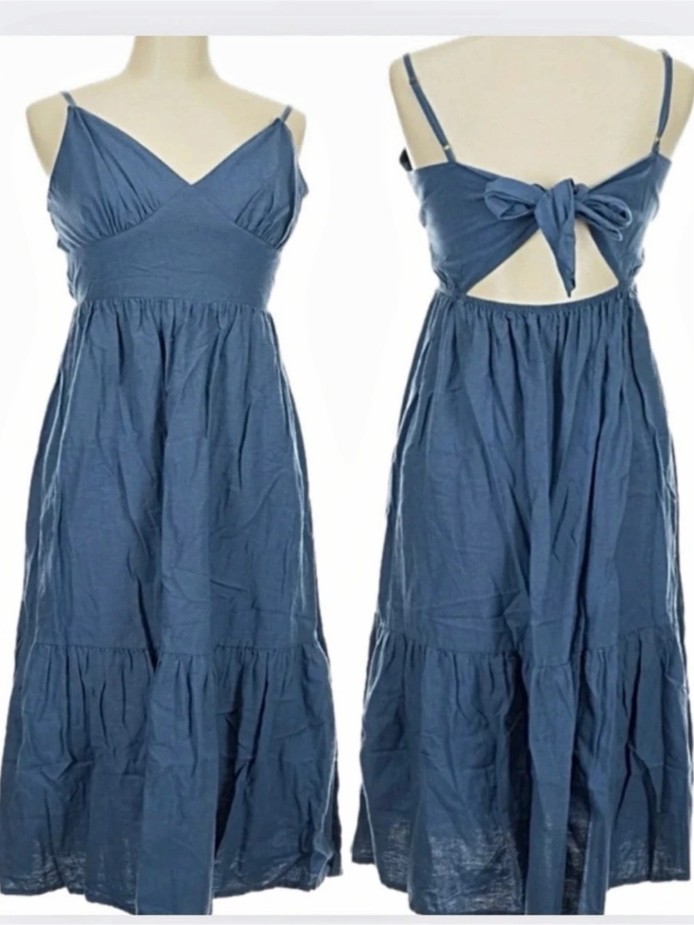Japna Blue Linen Blend Tiered Midi Dress Tie Back Cutout V-Neck Size L